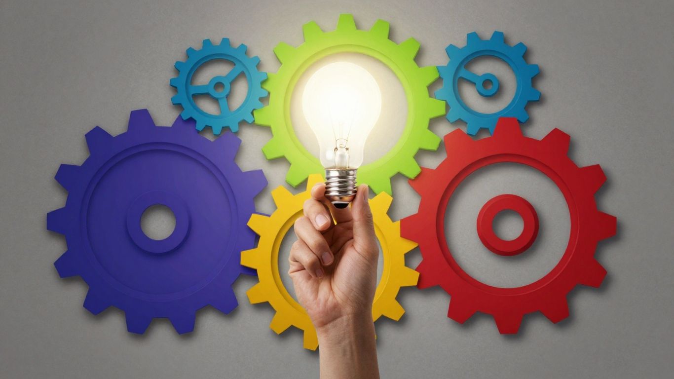 Person reaching for a glowing lightbulb above gears.