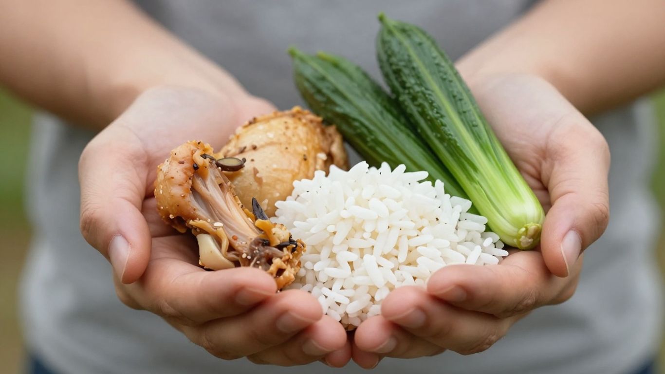 Hands holding different food portions for meal portioning.